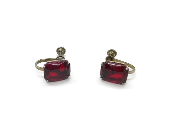 Vintage Ruby Red Glass Sterling Silver Solitaire Earrings