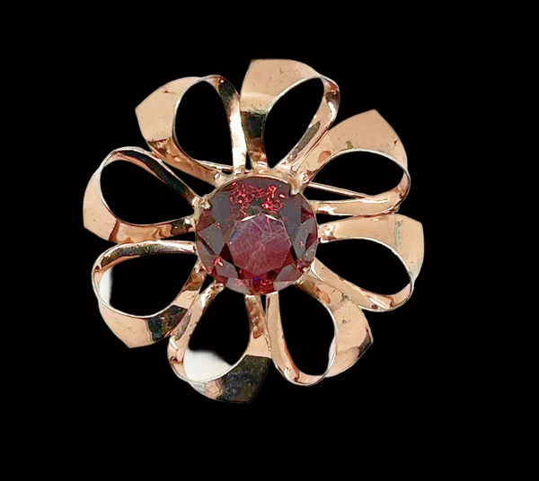 Vintage 1940s Sterling Floral Brooch with Large Red Center