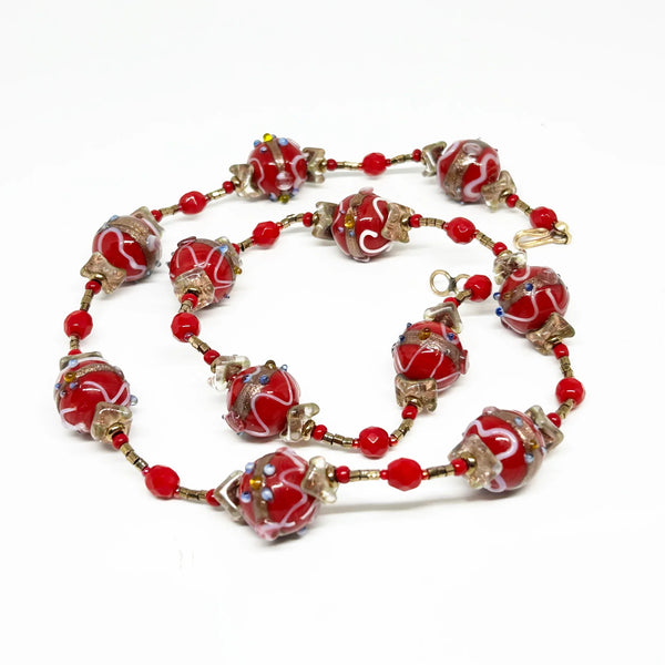 Vintage Red Wedding Cake Bead Necklace "So Gorgeous" - Handmade Venetian beads with vibrant hues and delicate floral motifs. Features gold accents and free shipping. Shop now!