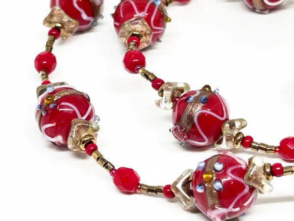 Vintage Red Wedding Cake Bead Necklace "So Gorgeous" - Handmade Venetian beads with vibrant hues and delicate floral motifs. Features gold accents and free shipping. Shop now!