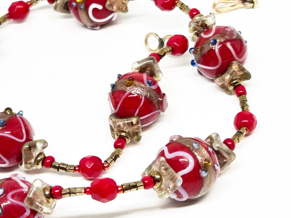 Vintage Red Wedding Cake Bead Necklace "So Gorgeous" - Handmade Venetian beads with vibrant hues and delicate floral motifs. Features gold accents and free shipping. Shop now!