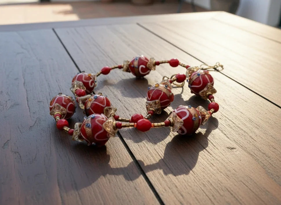 Vintage Red Wedding Cake Bead Necklace "So Gorgeous" - Handmade Venetian beads with vibrant hues and delicate floral motifs. Features gold accents and free shipping. Shop now!