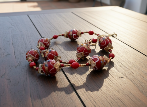 Vintage Red Wedding Cake Bead Necklace "So Gorgeous" - Handmade Venetian beads with vibrant hues and delicate floral motifs. Features gold accents and free shipping. Shop now!