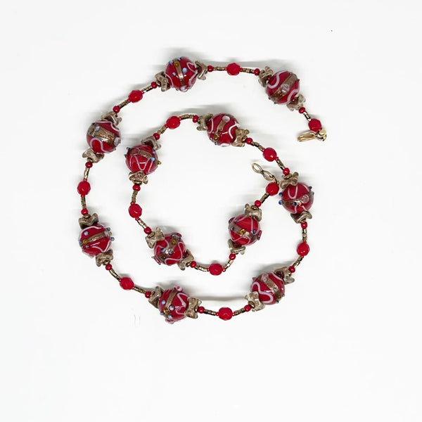 Vintage Red Wedding Cake Bead Necklace "So Gorgeous" - Handmade Venetian beads with vibrant hues and delicate floral motifs. Features gold accents and free shipping. Shop now!