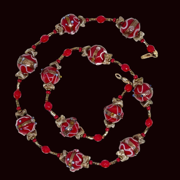 Vintage Red Wedding Cake Bead Necklace "So Gorgeous" - Handmade Venetian beads with vibrant hues and delicate floral motifs. Features gold accents and free shipping. Shop now!
