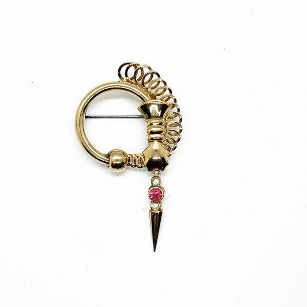 Rare Vintage 1930s A. Regel 1/20 12kt Brooch with Pink and Clear Dangles