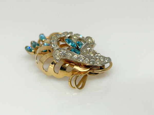 Charles Reis 12k Gold Filled Brooch Pin/Pendant with Clear and Blue Rhinestones