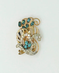 Charles Reis 12k Gold Filled Brooch Pin/Pendant with Clear and Blue Rhinestones