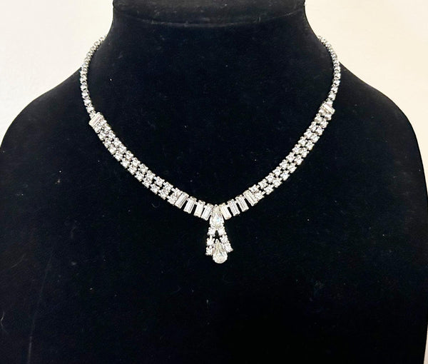 Vintage Clear Baguettes Rhinestone Drop Necklace