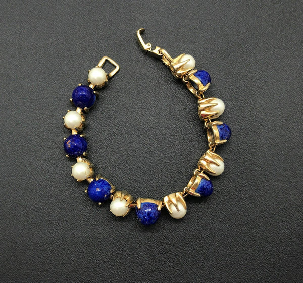 Rich Faux Lapis and Pearl Vintage Bracelet - Lamoree’s Vintage