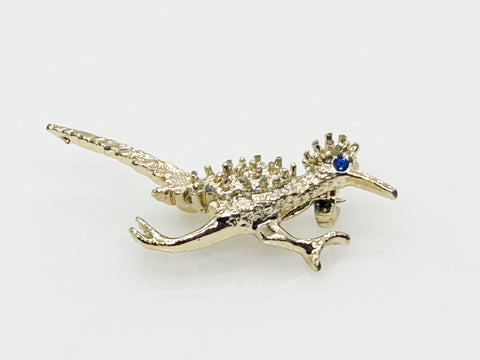 Textured Vintage Roadrunner Bird Brooch with Blue Eye