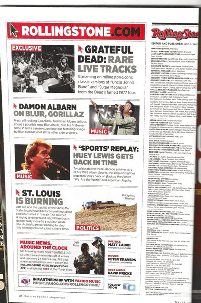 Rolling Stone Magazine, Issue 1183, dated May 23, 2013 table of contents