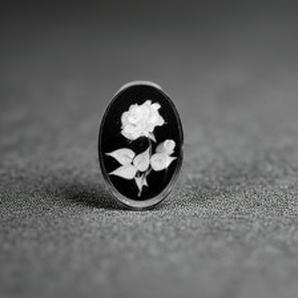 oval cameo brooch depicting a white rose with leaves carved against a dark, polished background. 