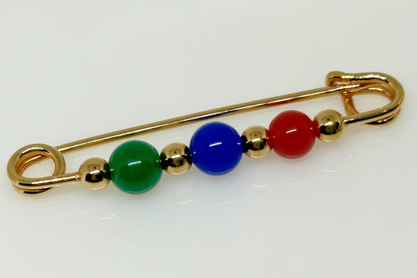 Gold Tone Safety Pin Brooch with Colorful Beads