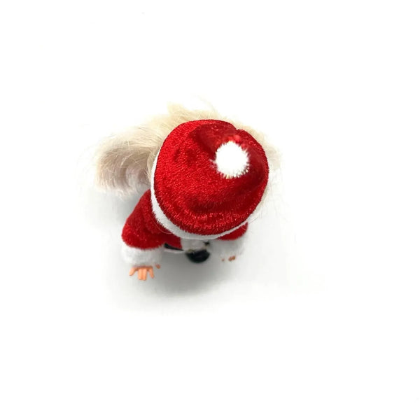 The 2003 Mattel Barbie Kelly Club Santa Claus ornament doll (Model #B1347) is a 4 to 5-inch collectible fashion doll featuring&nbsp;Barbie's younger sister, Kelly, dressed in a red and white Santa-inspired outfit, complete with a long red hat, black boots, and a black belt.