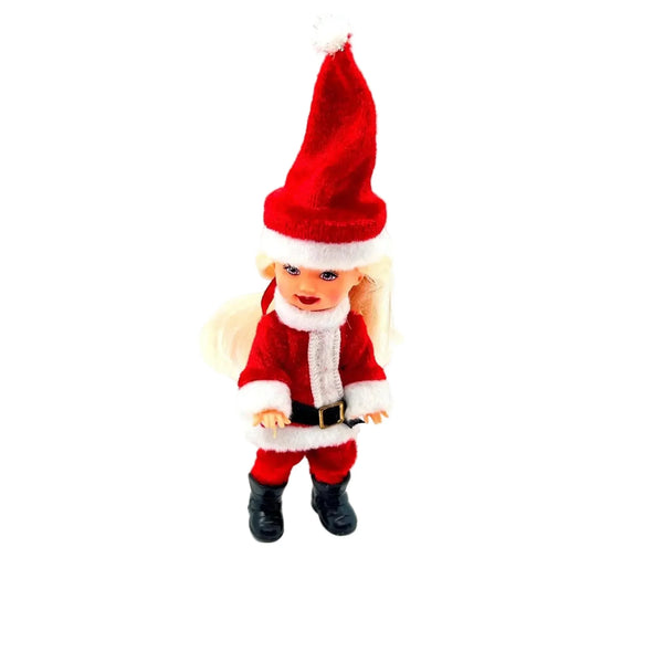 The 2003 Mattel Barbie Kelly Club Santa Claus ornament doll (Model #B1347) is a 4 to 5-inch collectible fashion doll featuring&nbsp;Barbie's younger sister, Kelly, dressed in a red and white Santa-inspired outfit, complete with a long red hat, black boots, and a black belt.