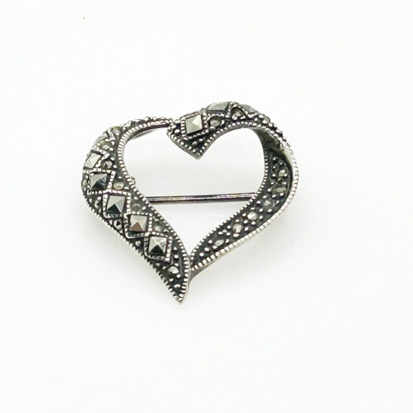 Sterling and Marcasite Vintage Heart Brooch