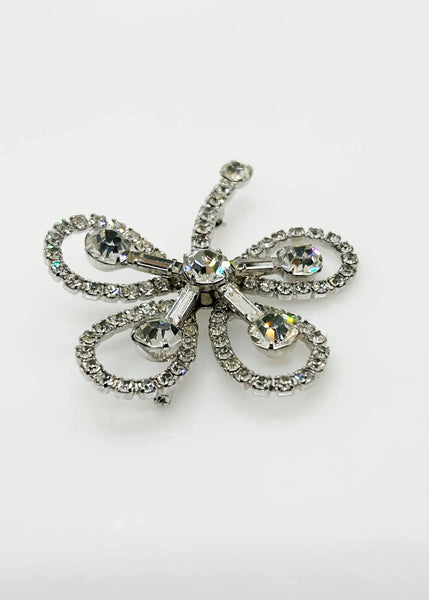 Vintage Clear Rhinestone 4- Leaf Clover Shamrock Brooch