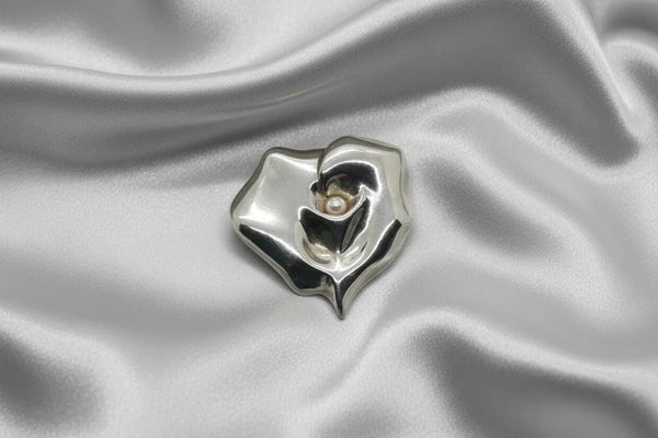 Stylized Silver Rose and Pearl Heart Pin - Timeless elegance with a silver-tone finish and lustrous cultured pearl. Inspired by nature and museum artistry. Shop now!