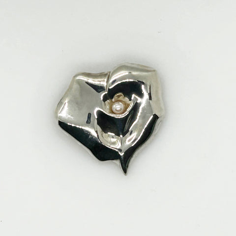 Silver Rose and Pearl Heart Pin