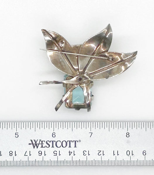 Dramatic Vintage Sterling Floral Brooch with Large Aqua Stone