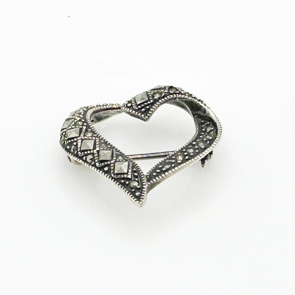 Sterling and Marcasite Vintage Heart Brooch