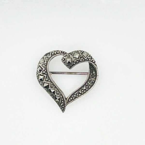 Sterling and Marcasite Vintage Heart Brooch