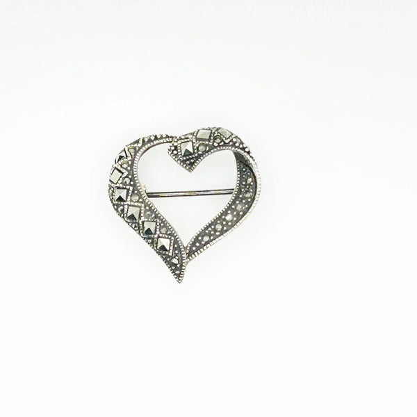 Sterling and Marcasite Vintage Heart Brooch