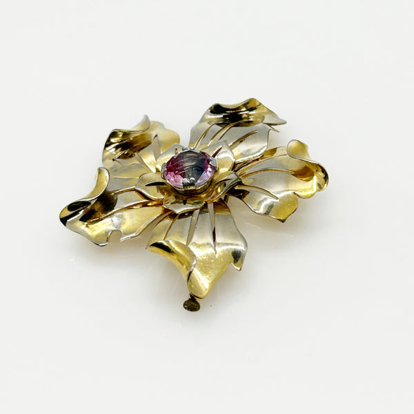 Vintage Unusual Flower Brooch with Multicolored Stone Center