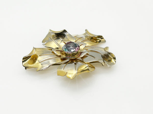 Vintage Unusual Flower Brooch with Multicolored Stone Center