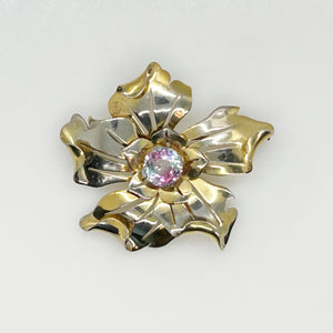 Vintage Unusual Flower Brooch with Multicolored Stone Center