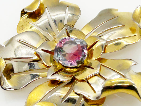 Vintage Unusual Flower Brooch with Multicolored Stone Center