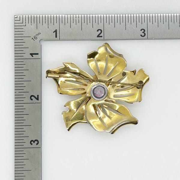 Vintage Unusual Flower Brooch with Multicolored Stone Center