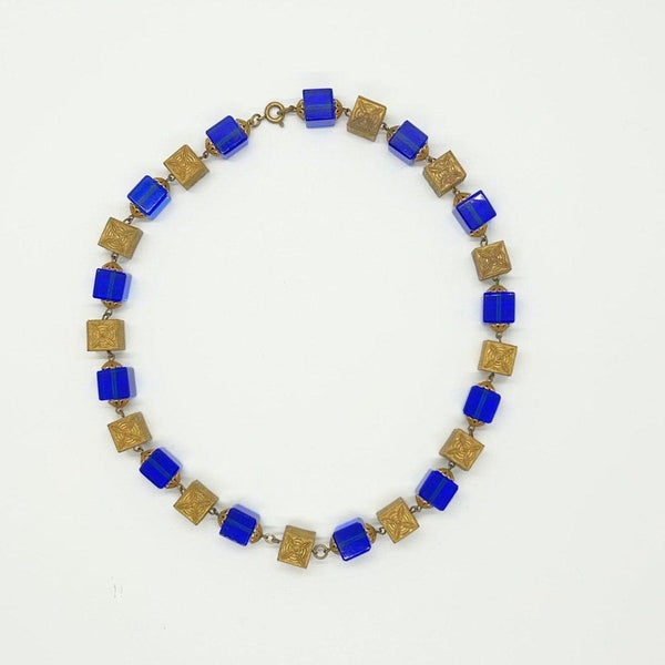 Stunning Antique Blue Glass and Brass Beads Necklace - Lamoree’s Vintage