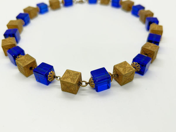 Stunning Antique Blue Glass and Brass Beads Necklace - Lamoree’s Vintage