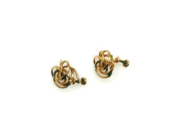 Vintage Gold Tone Multi-Ring Swirl Love Knot Bracelet & Screw Back Earrings Demi Parure Set