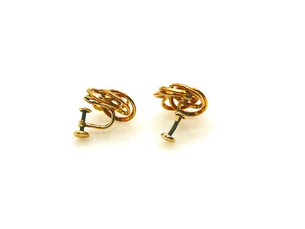 Vintage Gold Tone Multi-Ring Swirl Love Knot Bracelet & Screw Back Earrings Demi Parure Set