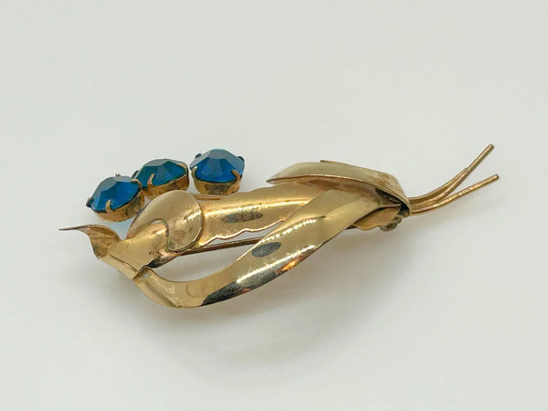 Striking Gold Filled and Oval Blue Faceted Vintage Flower Brooch