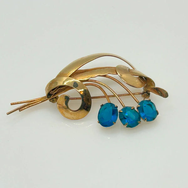 Striking Gold Filled and Oval Blue Faceted Vintage Flower Brooch