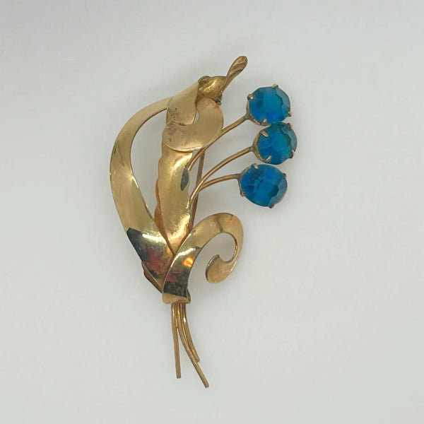 Striking Gold Filled and Oval Blue Faceted Vintage Flower Brooch