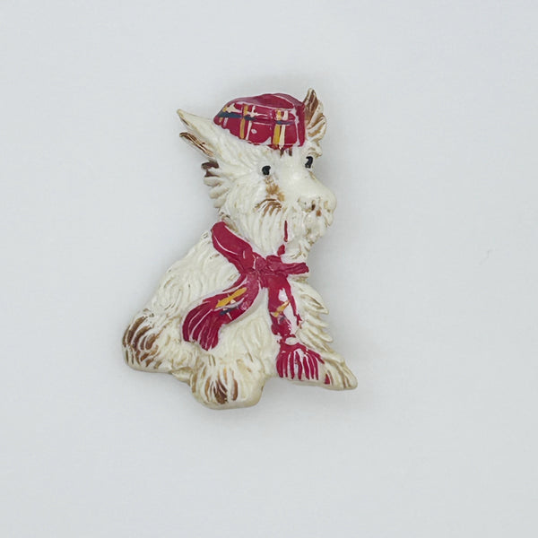 Vintage White Scottish Terrier Plastic Brooch, Plaid Scarf and Cap