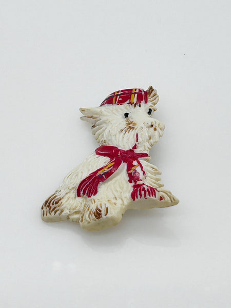 Vintage White Scottish Terrier Plastic Brooch, Plaid Scarf and Cap