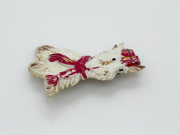 Vintage White Scottish Terrier Plastic Brooch, Plaid Scarf and Cap