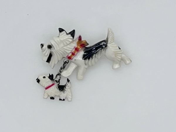 Vintage Celluloid White and Black Terrier and Puppy Pin