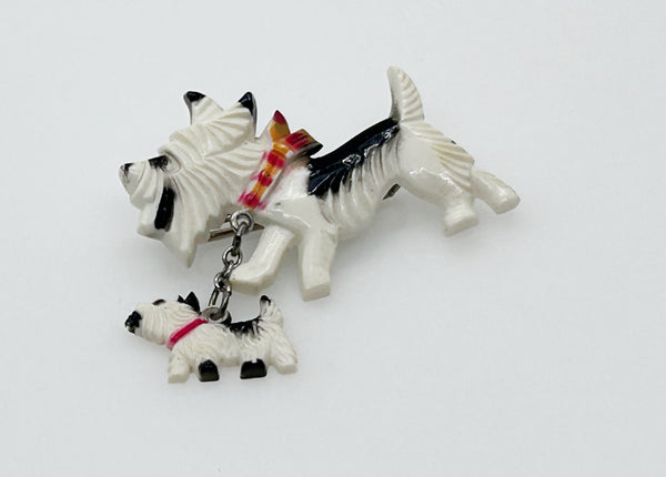 Vintage Celluloid White and Black Terrier and Puppy Pin