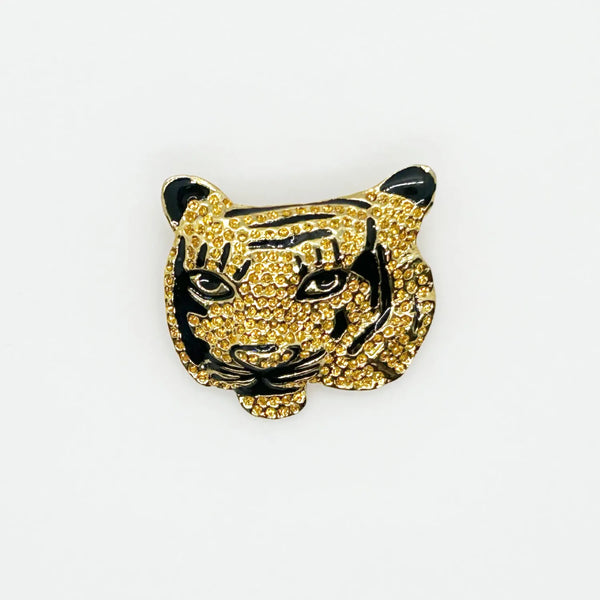 Sparkling, Expressive Gold and Black Tiger Face Brooch