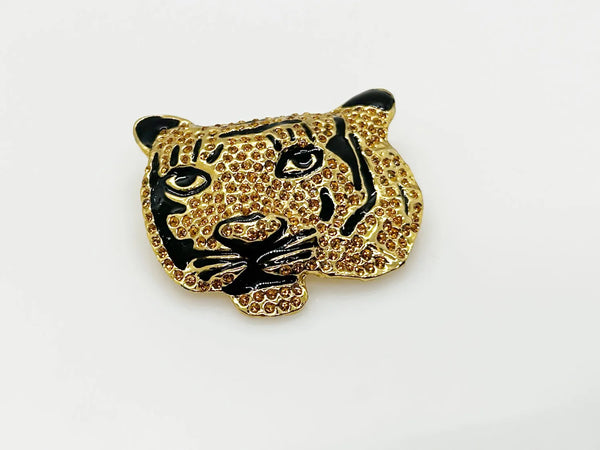 Sparkling, Expressive Gold and Black Tiger Face Brooch