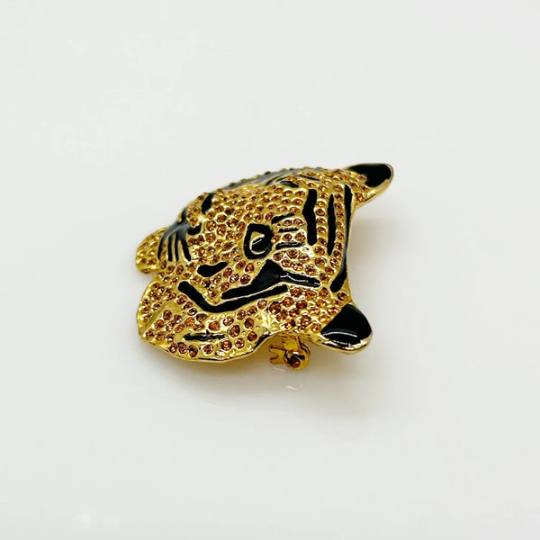 Sparkling, Expressive Gold and Black Tiger Face Brooch