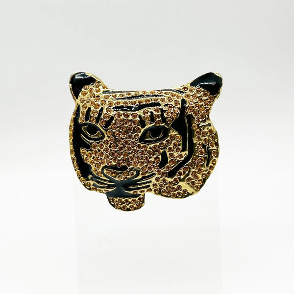 Sparkling, Expressive Gold and Black Tiger Face Brooch