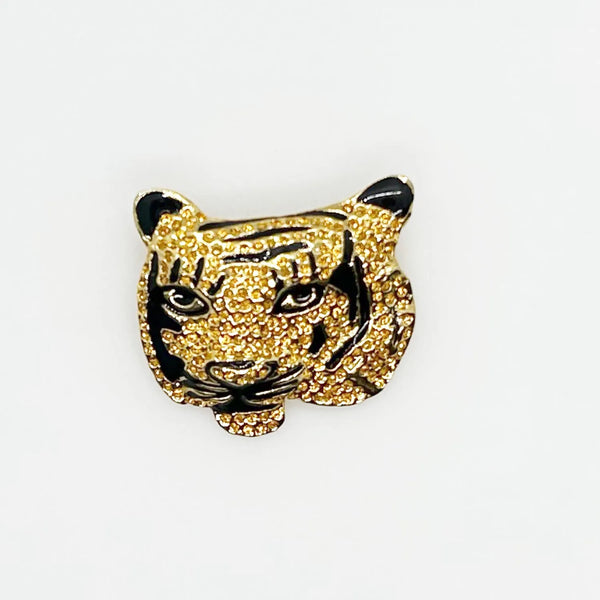 Sparkling, Expressive Gold and Black Tiger Face Brooch